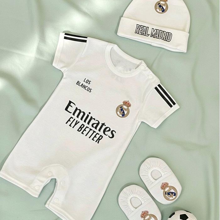 Romper Bayi Bola Real Madrid Set Topi dan Sepatu