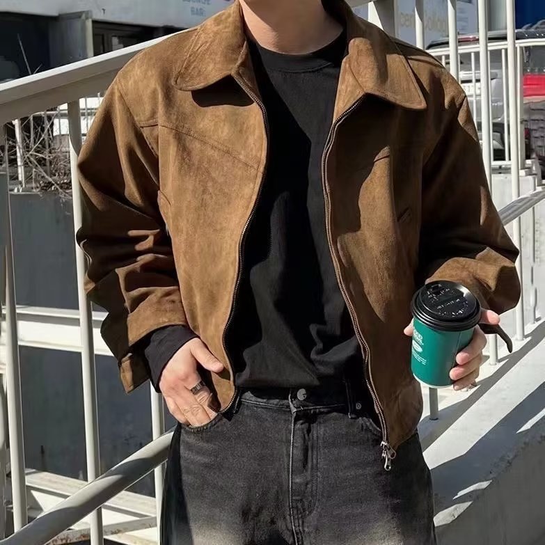 American Retro Brown Suede Jacket Men's Spring Autumn Short Flight Jacket Wear Resistant Zipper