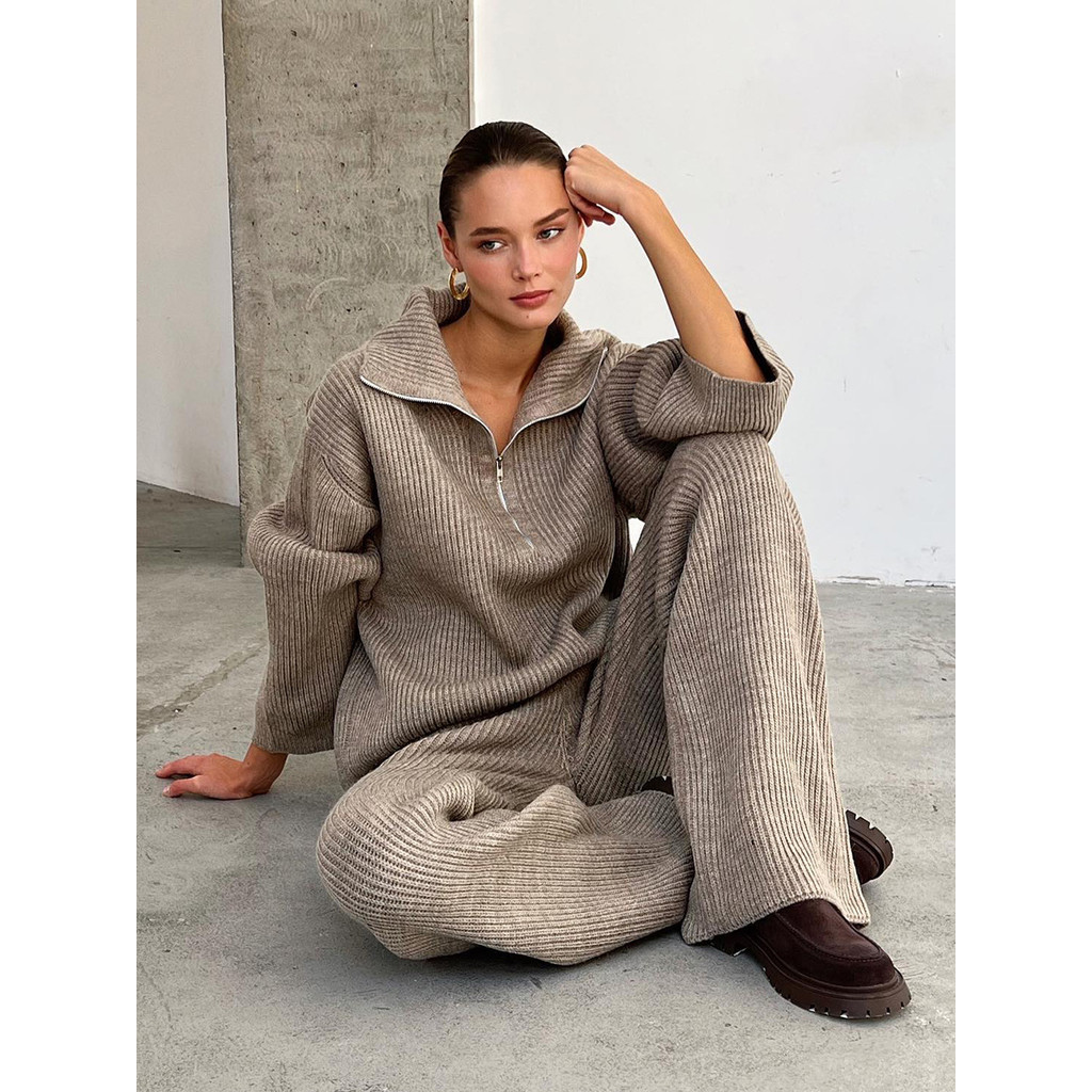 Blubelle Women's New Autumn Winter Collared Half Zip Ribbed Knit Sweater Wide Leg Pants Set