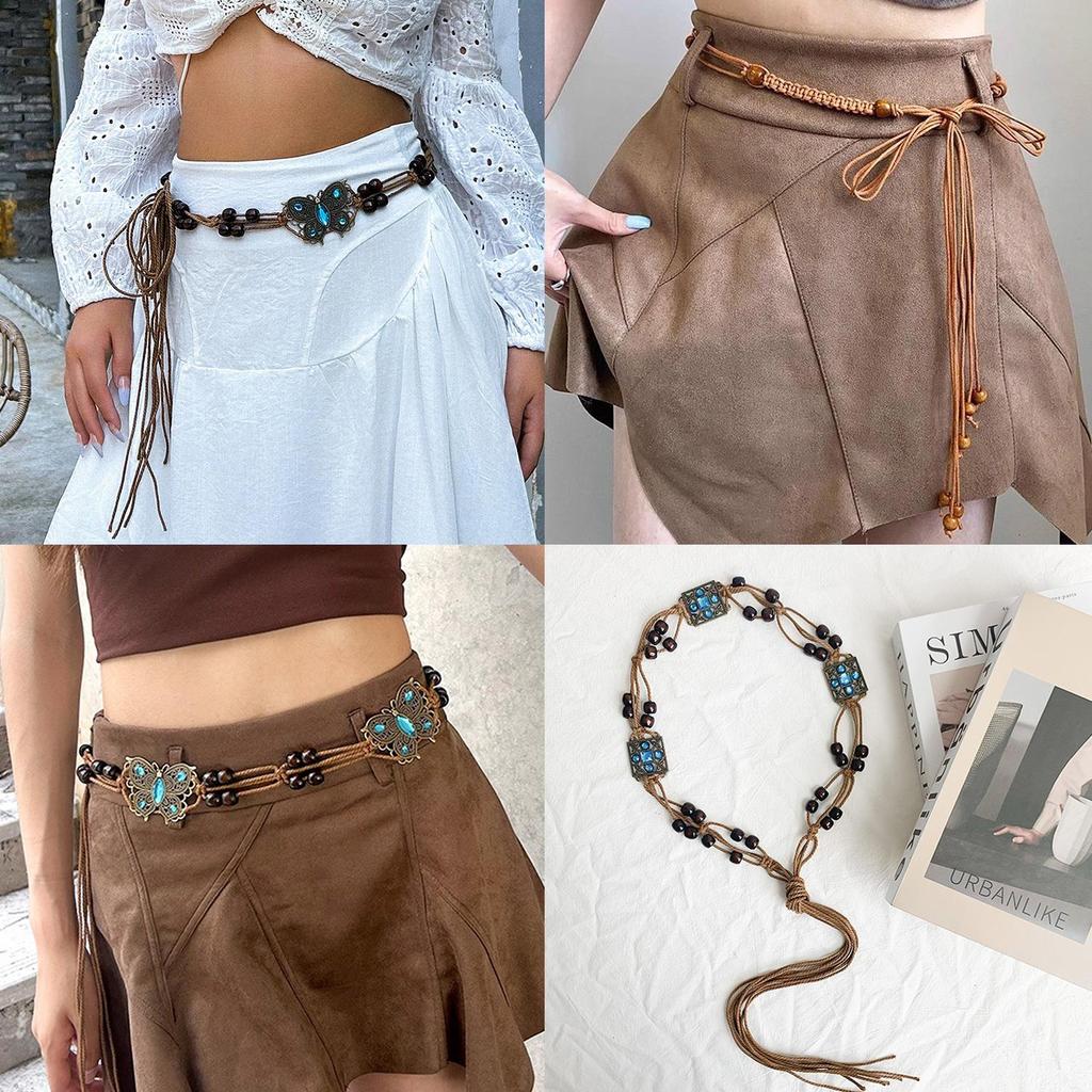 Vintage Ethnic Trend Butterfly Belt Bohemian Style Brown Braided Waistline Women With Dress Sexy