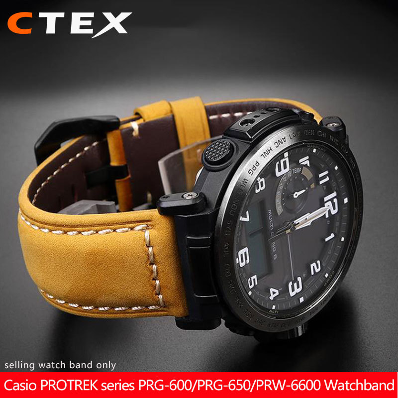 24mm Cowhide Frosted Italian Leather Watchband for Casio PROTREK Series PRG-600/PRG-650/PRW-6600