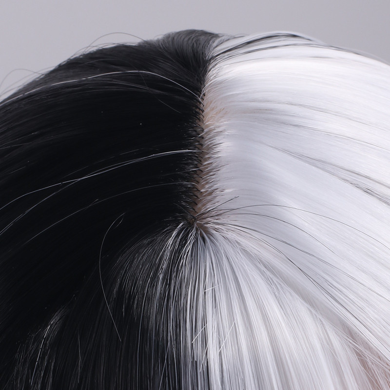 Cruella Black and white witch Long straight hair Yin-yang wig Cruella costume headwear Masquerade