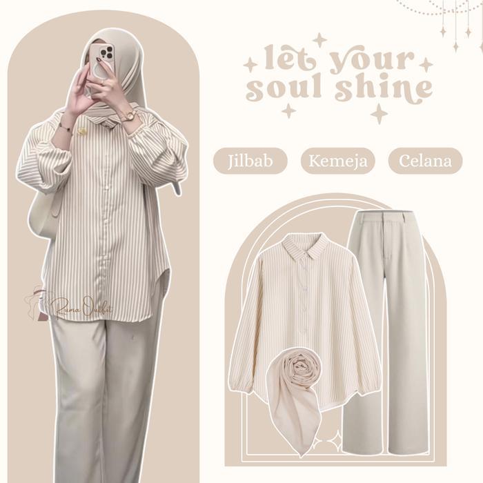One set Wanita Remaja Terbaru ( Kemeja Salur Cream - Celana Kulot - Jilbab) OOTD Setelan Hijab