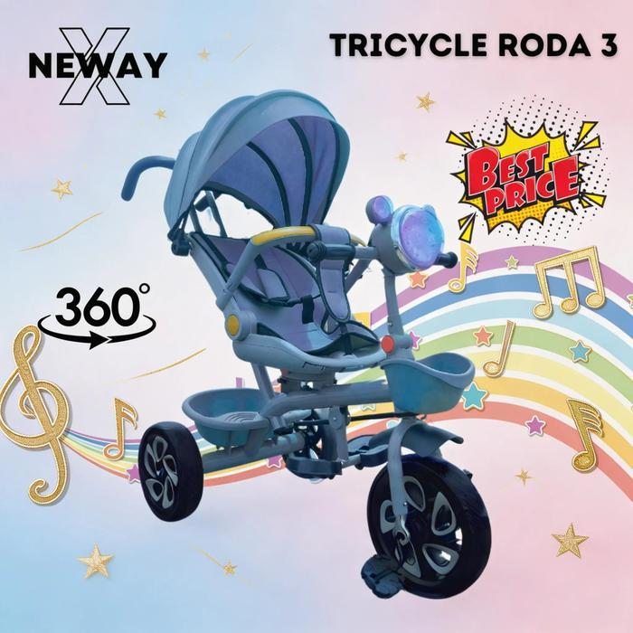Newayx Sepeda Anak 5In1 Roda 3 Tricycle Bayi Roda Tiga Sepeda Stroller Dorong Tidur Duduk Musik