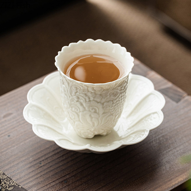 75ml Peony Embossed Ceramic Tea Cup Creative Kung Fu Tea Set Office Study Tea Cup Chinese Tea