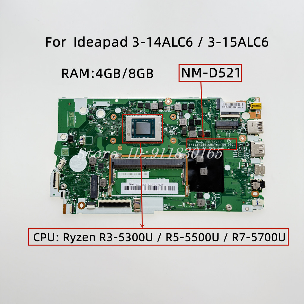 NM-D521 For Lenovo Ideapad 3-14ALC6 3-15ALC6 Laptop Motherboard With Ryzen R3 R5 R7 CPU RAM:4GB/8GB