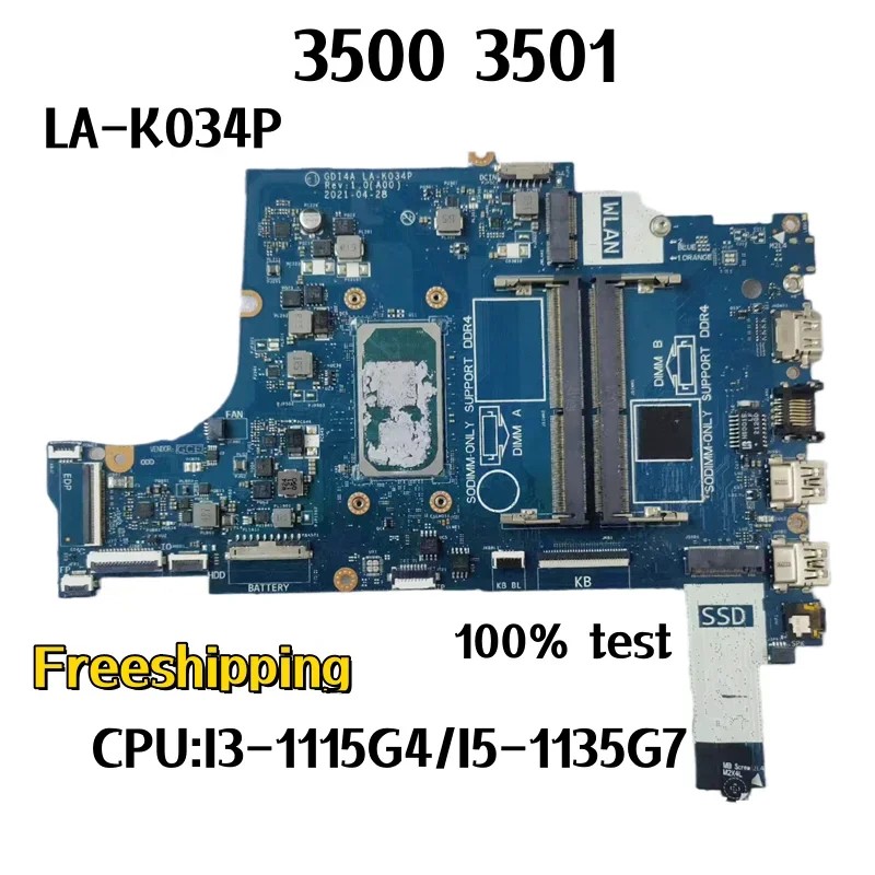 GDI4A LA-K034P For DELL 3500 3501 Laptop Motherboard CPU:I3-1115G4/I5-1135G7 DDR4 Mainboard 100%