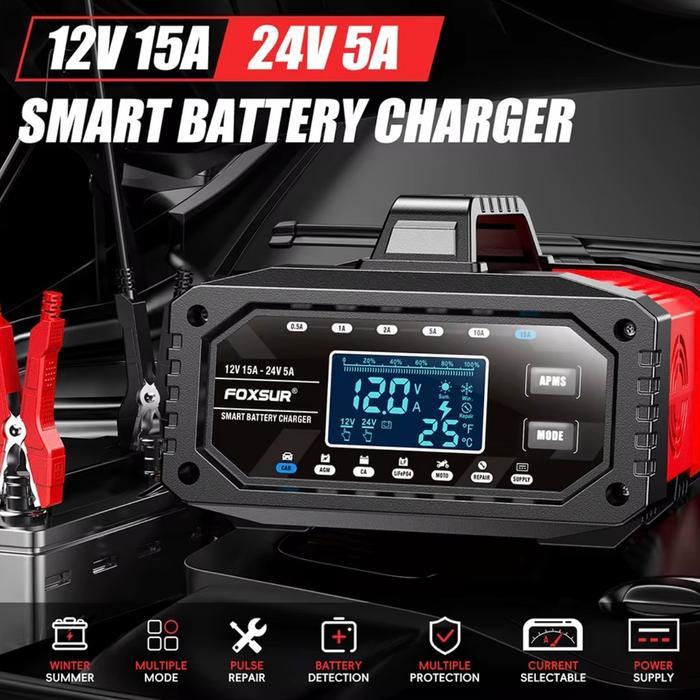 Charger Aki Foxsur Mobil Motor 12V/24V Smart Battery Charger 15A 10 Tahap Otomatis Dan Repair