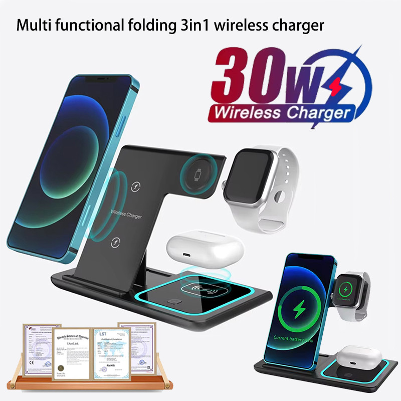 New Foldable 3 in 1 Wireless Charger Portable 30W Fast Charging Charger for Samsung iPhone Xiaomi