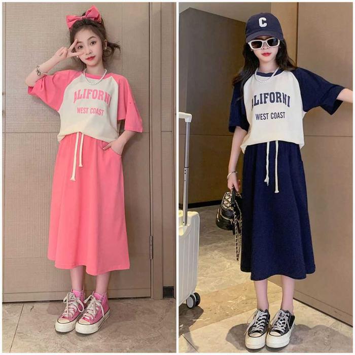 SSP31-Setelan Set Anak Perempuan Teenager Remaja Korea Kaos Katun Lengan Pendek Aliforni + Rok 7/8