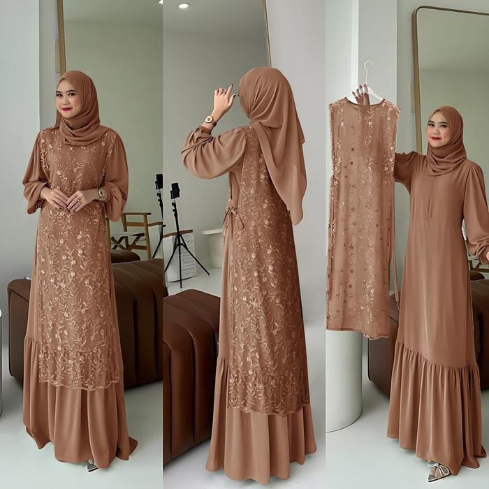 Sintia Dress Inner + Outer Brukat Tile Mutiara Mewah Oneset Gamis Kondangan Model Kekinian 2In 1
