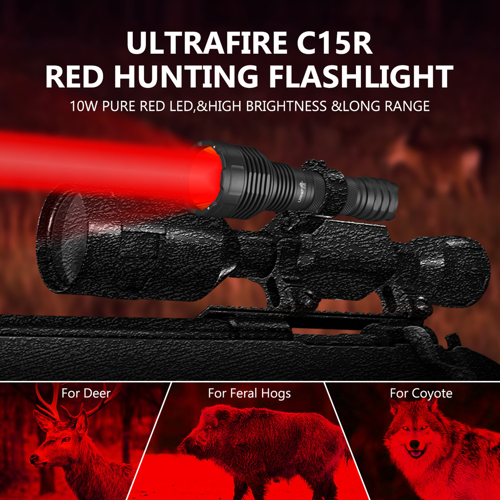 UltraFire C15R Red Light Hunting Flashlight 10W 2 Modes Coyote Light 18650 USB Type-C Rechargeable