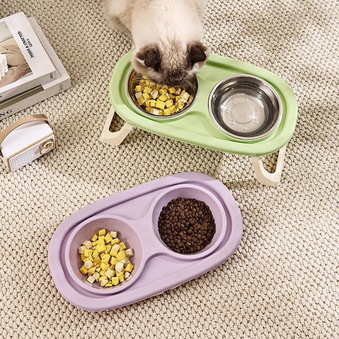 Vixplorn 2 in 1 Mangkuk Kucing Lipat Mangkuk Kucing Stainless Mangkuk Ganda Minum Perlindungan Leher