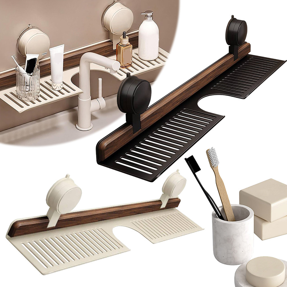 Walnut Suction Cup Bathroom Shelf No Drilling Wall Mounted Faucet Organizer Sink Rack Heavy Duty