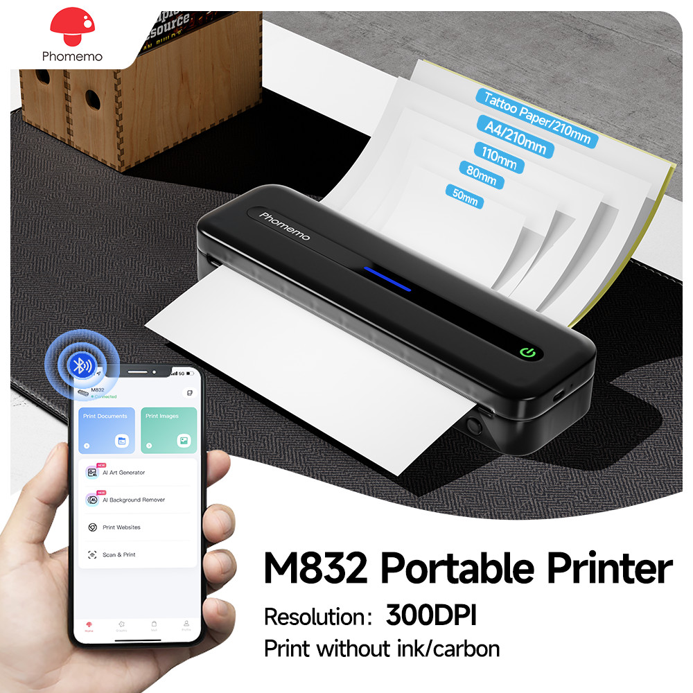 Phomemo M832 Portable Printer Printers Wireless Bluetooth Inkless Printer Thermal Printer Compatible