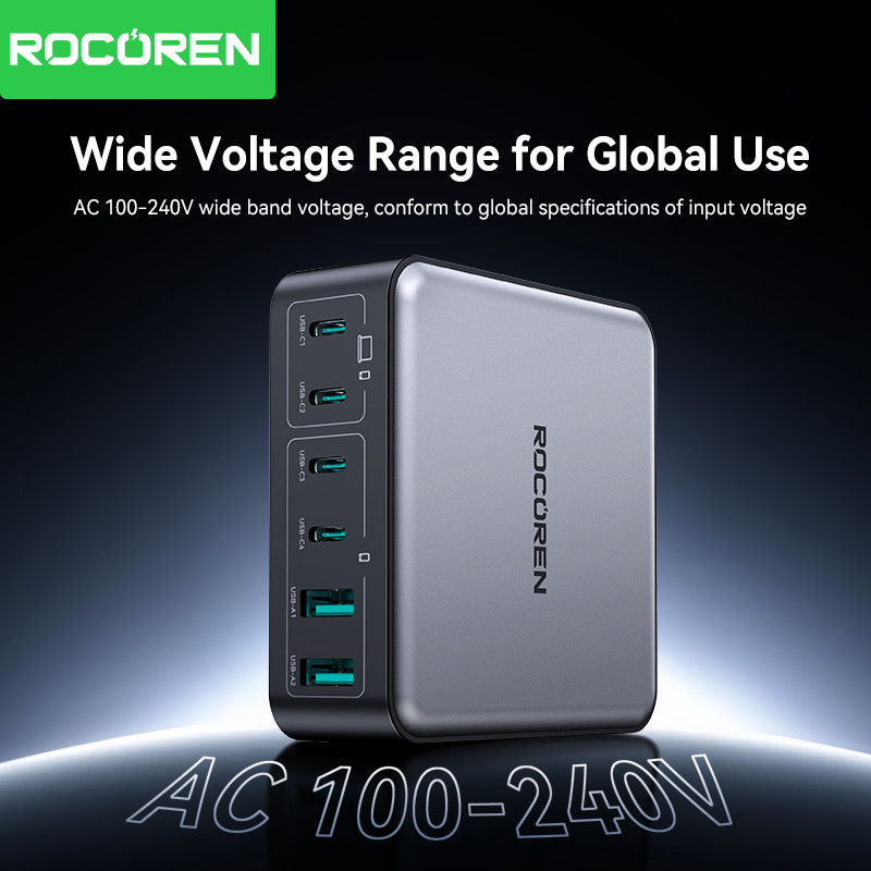 Rocoren 200W GaN Charger PD Fast Charging USB Type C Charger 270W 6 in 1 USBC Power Station For