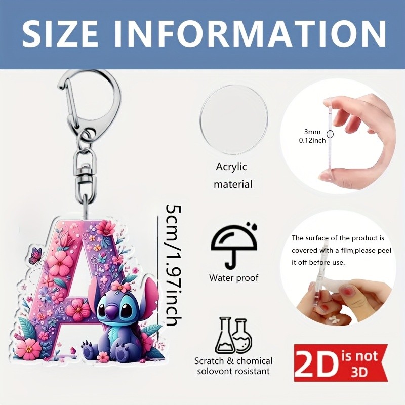 Disney Lilo & Stitch Acrylic Cartoon Keychain 2in A-Z English Letters Name Purple Pendant Car