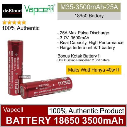 AUTHENTIC VAPCELL M35 18650 3500MAH 25A BATTERY BATRE BATERAI BATERE RECHARGEABLE CAS