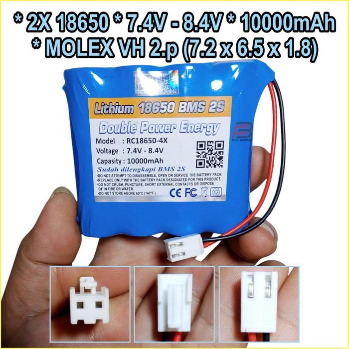 Batre, Baterai Lithium 18650 7.4V Maxs 8.4V 10000Mah, Batre Speaker, Soket Molex Vh 2 Pin & 3 Pin