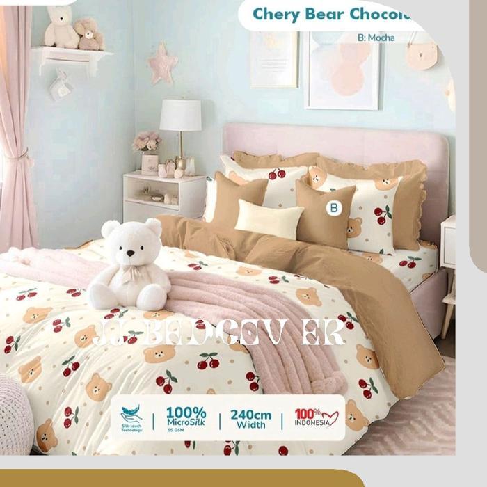 JJ BEDCOVER - BedCover Set Lengkap + Sprei - Two Tone - Bahan Microtex Disperse - MOTIF CHERRY BEAR
