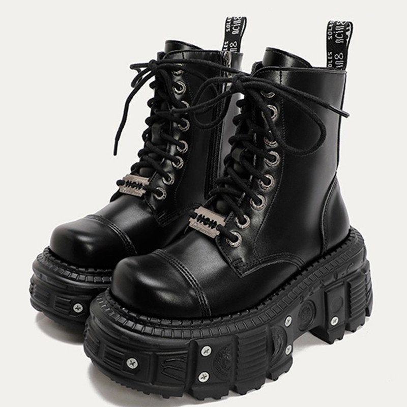 Sepatu Boots Punk Wanita Platform Desain Personalisasi Kulit Retro Chunky Kualitas Tinggi Tali Casua