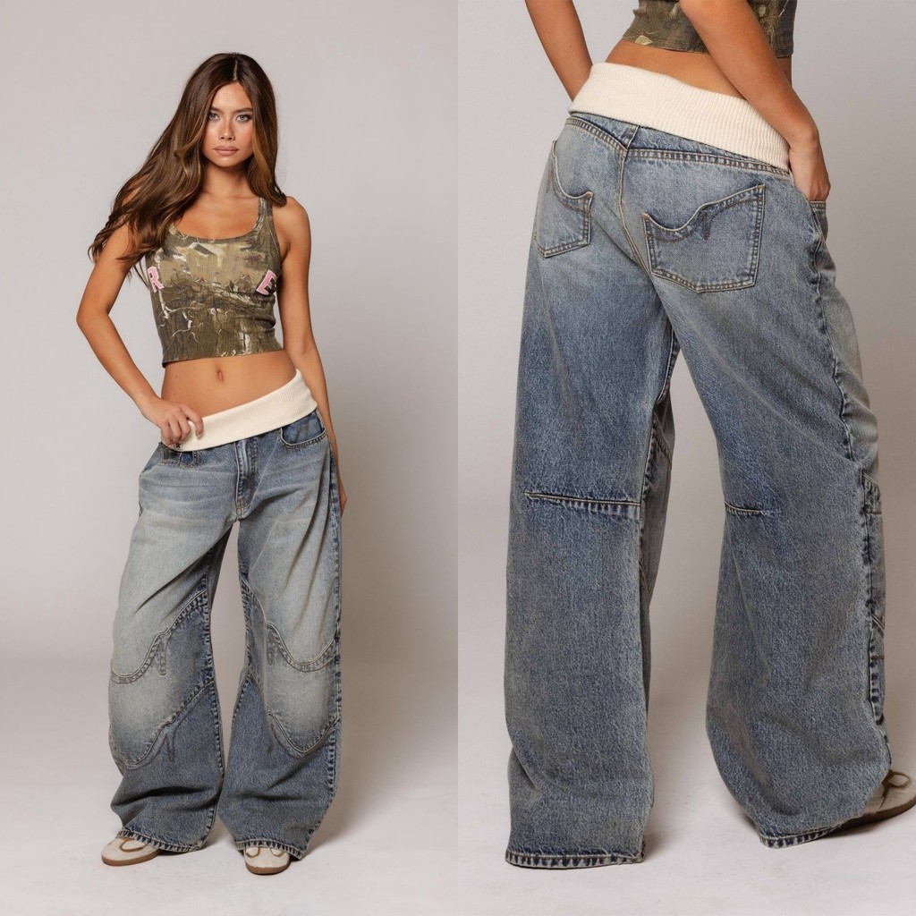 Redm Ribbed Waistband Straight-Leg Jeans Vintage Washed Blue Wide-Leg Pants Embroidered Jeans