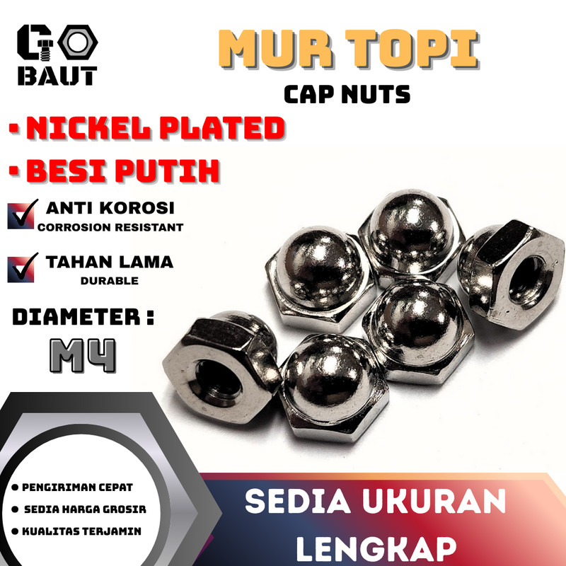 Mur Topi Hex / Cap Nut / Mur Topi (Nickel / Putih) M4