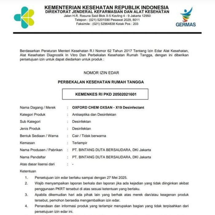 Premium Biang / Concentrate Disinfektan / Desinfectant Oxsan - X19 5 Liter Original