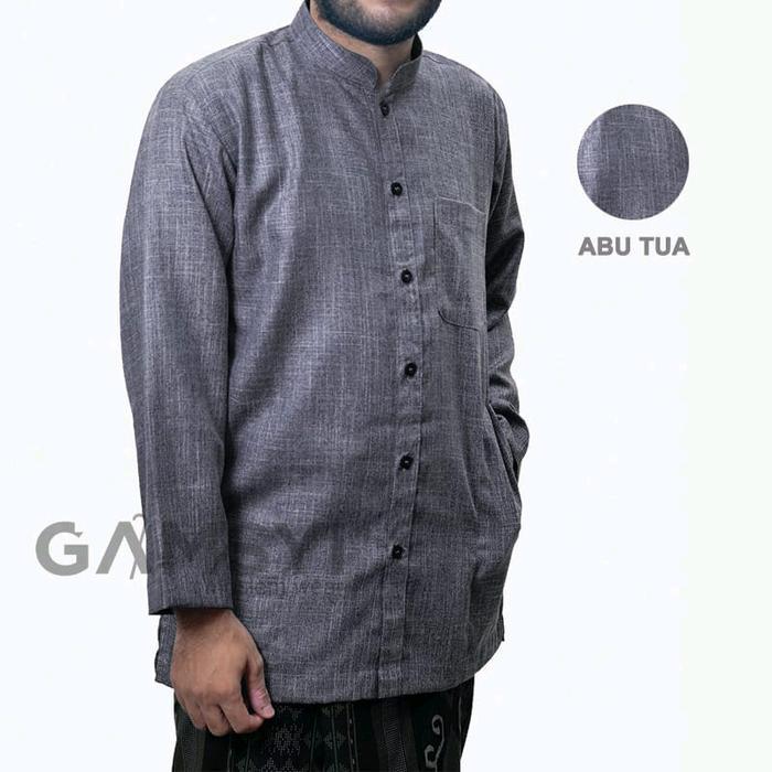 Baju Koko Linen Polos Habaib Kerah Samghai/ Koko Gamsyi Lengan Panjang Putih Muslim Pria Casual