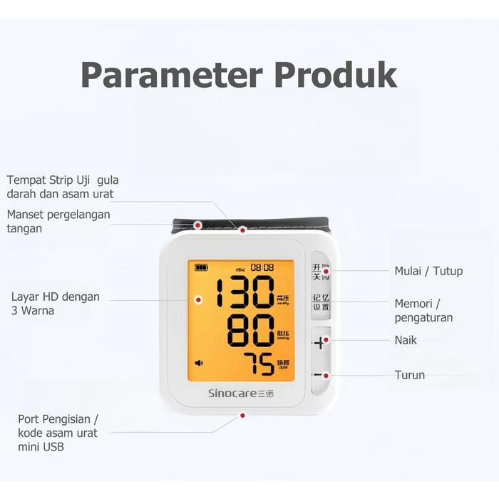 TENSIMETER DIGITAL PERGELANGAN TANGAN 3 IN 1 SINOCARE ALAT CEK GULA DARAH ALAT CEK GULA DARAH
