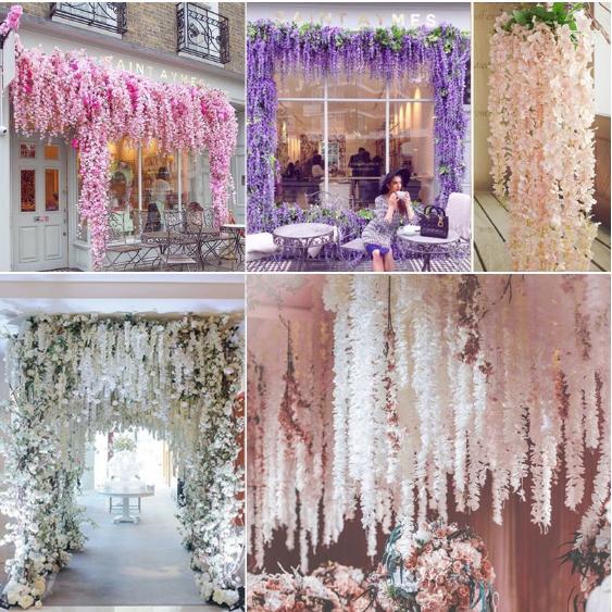 Bunga Wisteria Dekorasi Wedding Pernikahan Bunga Artificial Juntai Besar Rambat Hiasan Dinding 110Cm