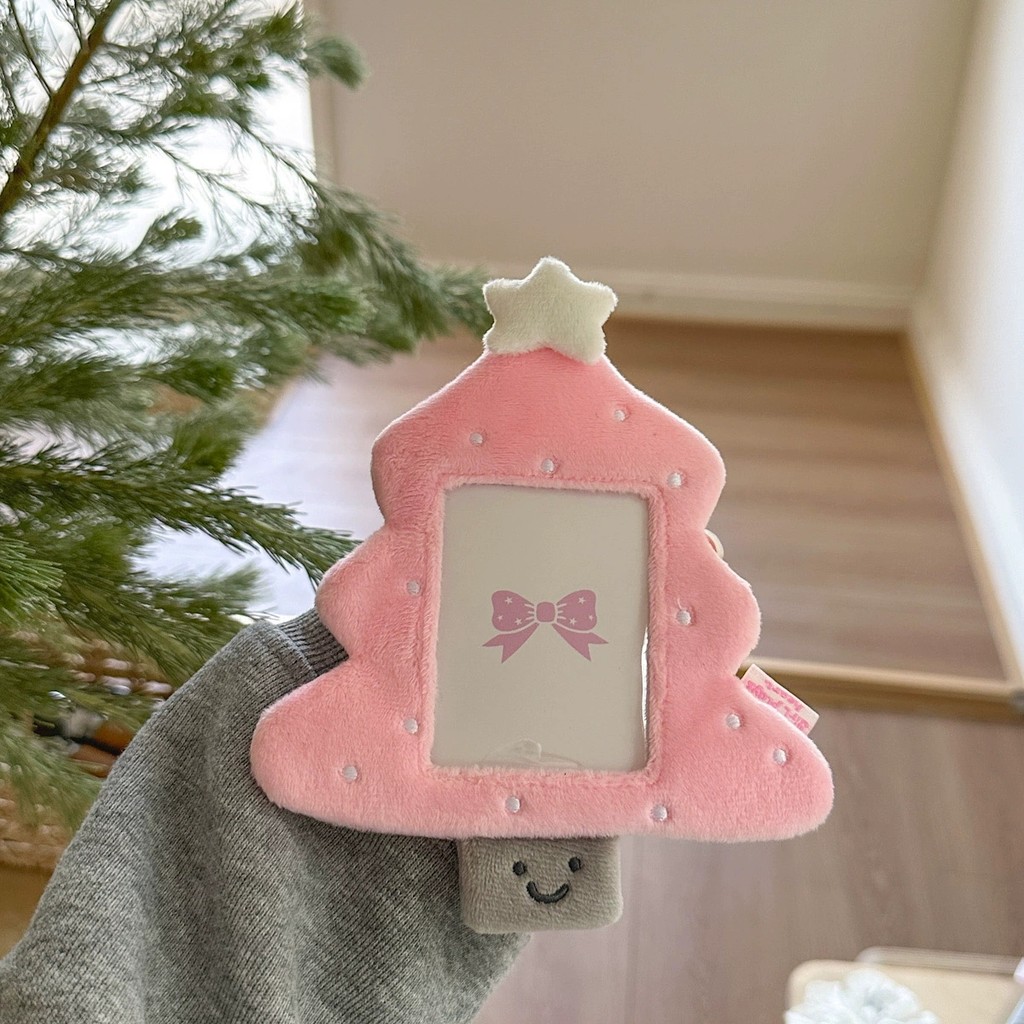 MINKYS Pink Tree and Snowman Soft Plush Furry 3 inch Kpop Photocard Holder Photo Card Holder Bag