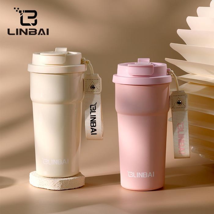 LINBAI Flask 17oz Ceramic Liner Coffee Mug with Straw Vacuum Insulated Tumbler Hot and Cold Cup