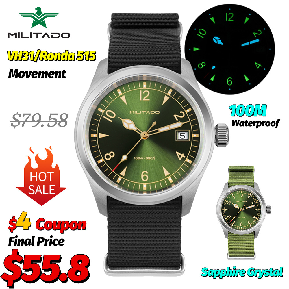 Militado ML08 Men Military Watch Ronda 515 Movement Sapphire Luminous Vintage Watches 10Bar