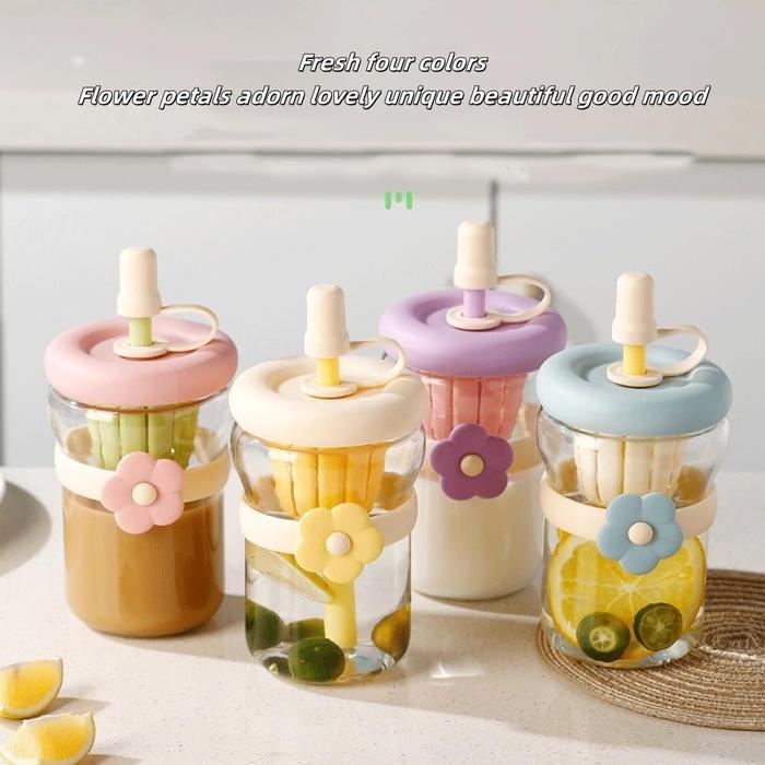 Gelas Kaca Tumbler Botol Kaca Bunga 400-500Ml Dengan Pegangan Unik Bahan Kaca Kapasitas 500Ml Cocok