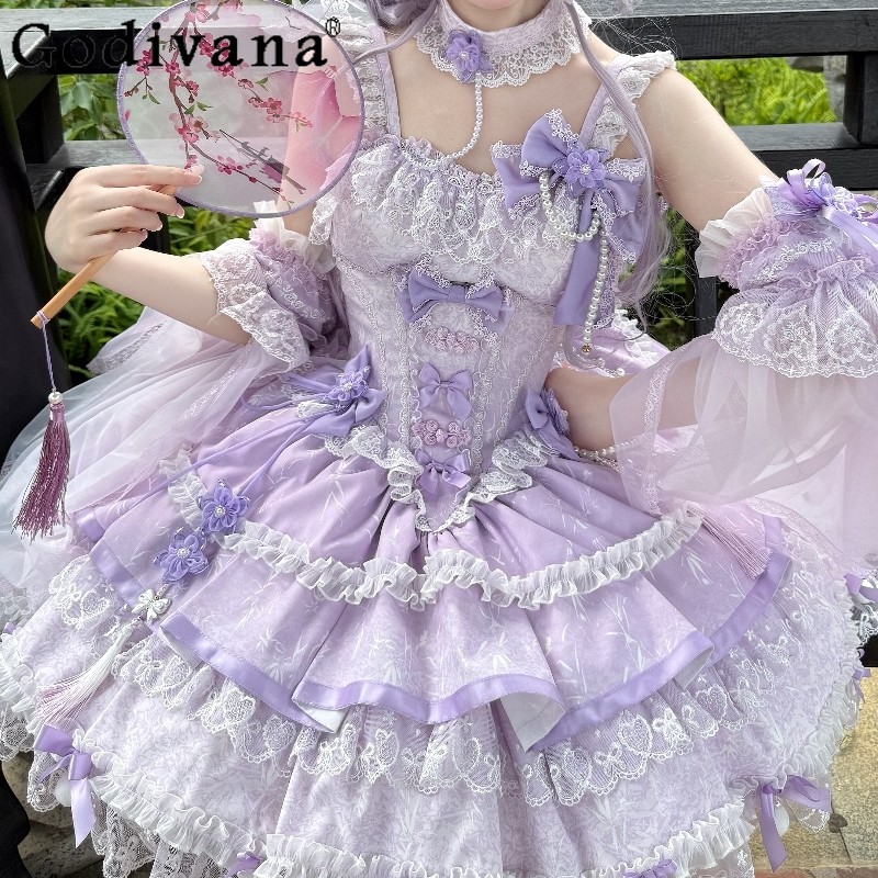 Original Japanese Lolita Purple Lolita Dress Set New Girls Woman's Sweet Bow Lace Sing Dress Jsk