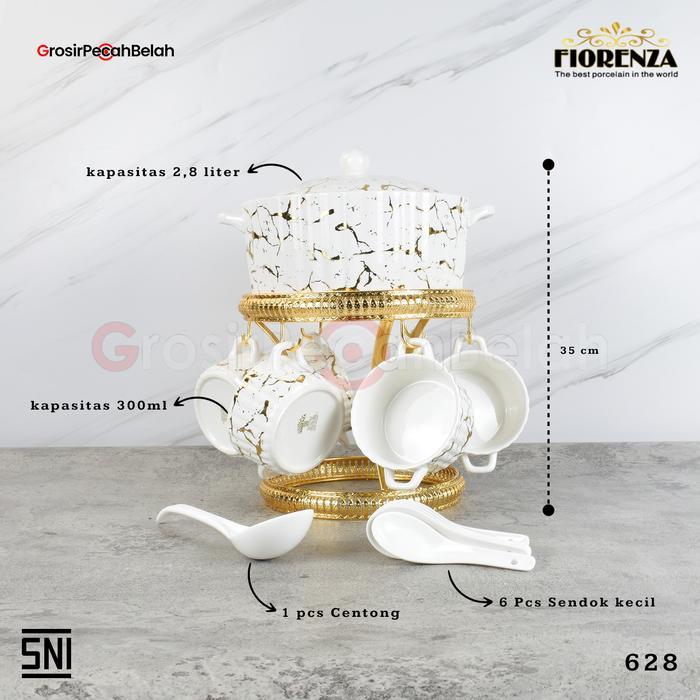 Fiorenza - Mangkok Set Sop Keramik dengan Rak Kitchenware Motif Marble Emboss Linning Gold Garden