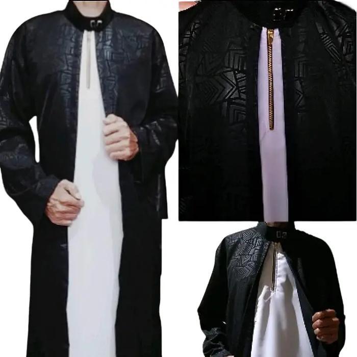 Baju Jubah Gamis Muslim Pria Dewasa AL HABIB/Jubah Arab Motif Kombinasi Hitam