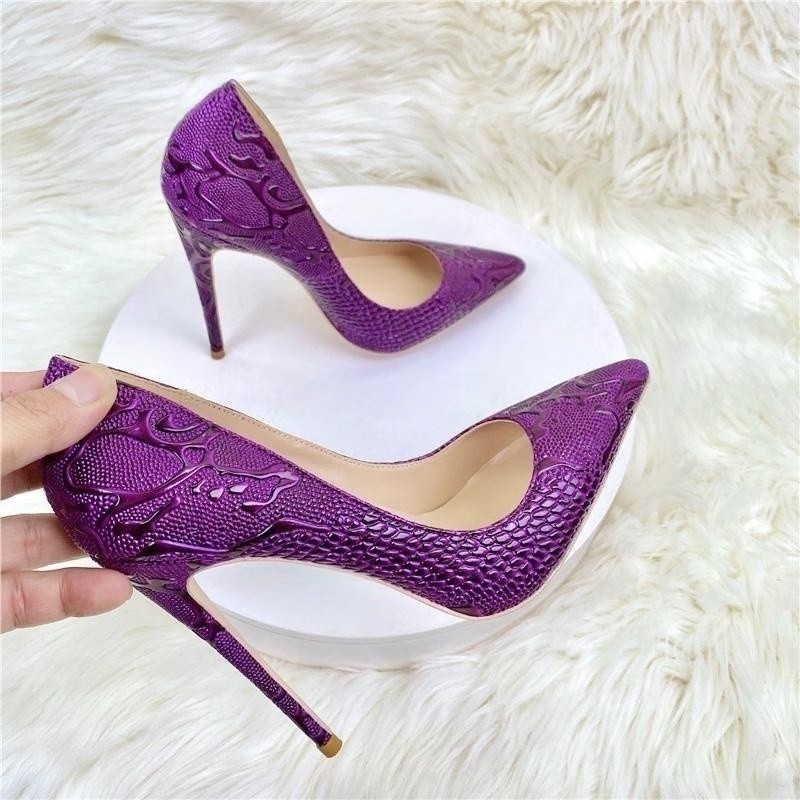 Purple Embossed Crocodile Effect Women Pointy Toe Slip On High Heel Shoes for Party Sexy Ladies