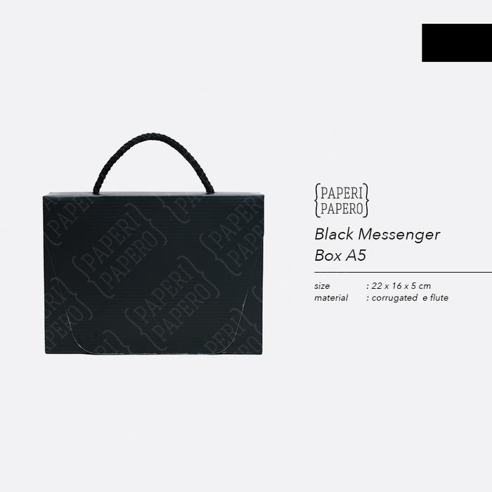 Black Messenger Box A5-Boks Hampers Souvenir Buku / Baju / Alat Tulis - Box Hitam Tali Hitam