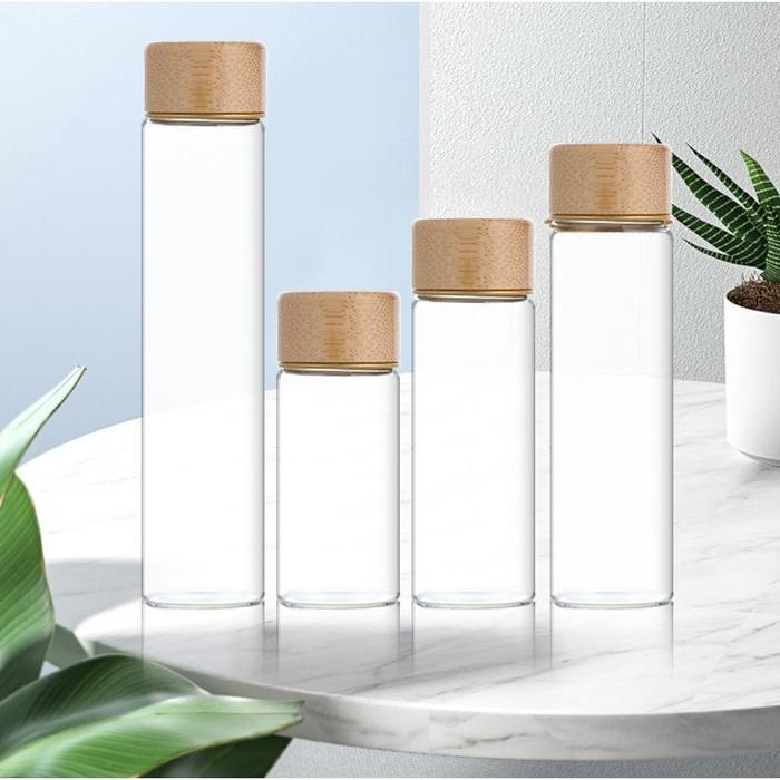 Tabung Kaca / Botol Kaca / Gelas Kaca / Tabung Sampel / Tutup Kayu / Kaca Bening