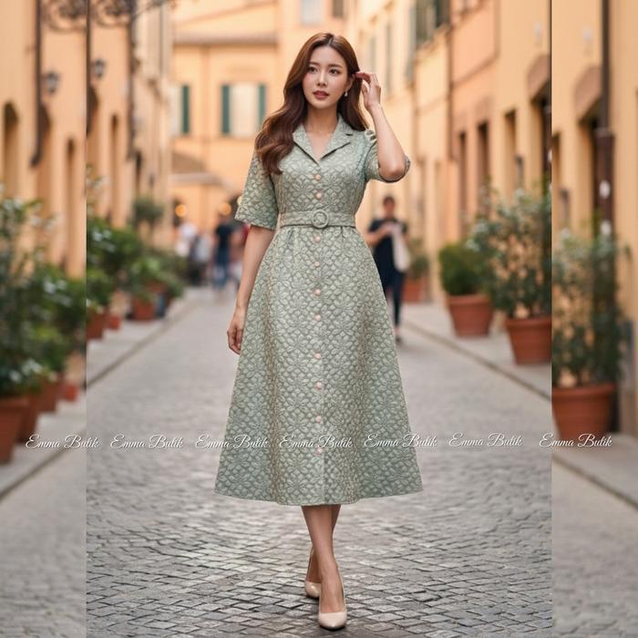 [] Emma Butik E00546 Dress Kondangan Gereja Gaun Midi Pesta Busui Friendly Jacquard Wanita Casual