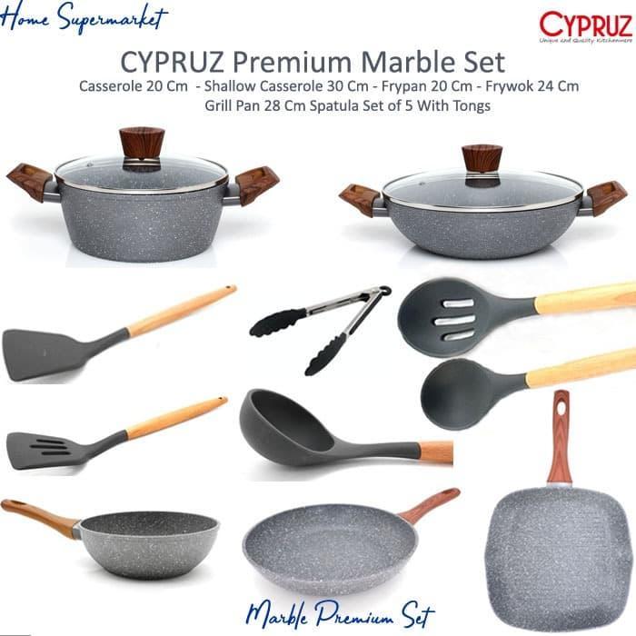 Cypruz Marble Set Premium Casserole Fry Pan Grill Pan Wok Pan Marble