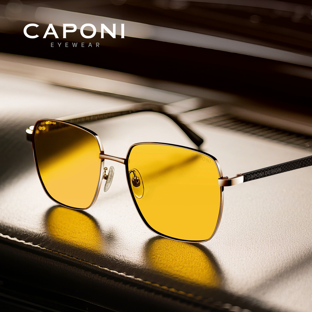 CAPONI Night Vision Men Yellow Sunglasses Photochromic Carbon Fiber Night Driving Eyewear Original