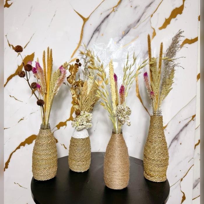 Paket hiasan meja mini bunga kering rustic vas botol kaca