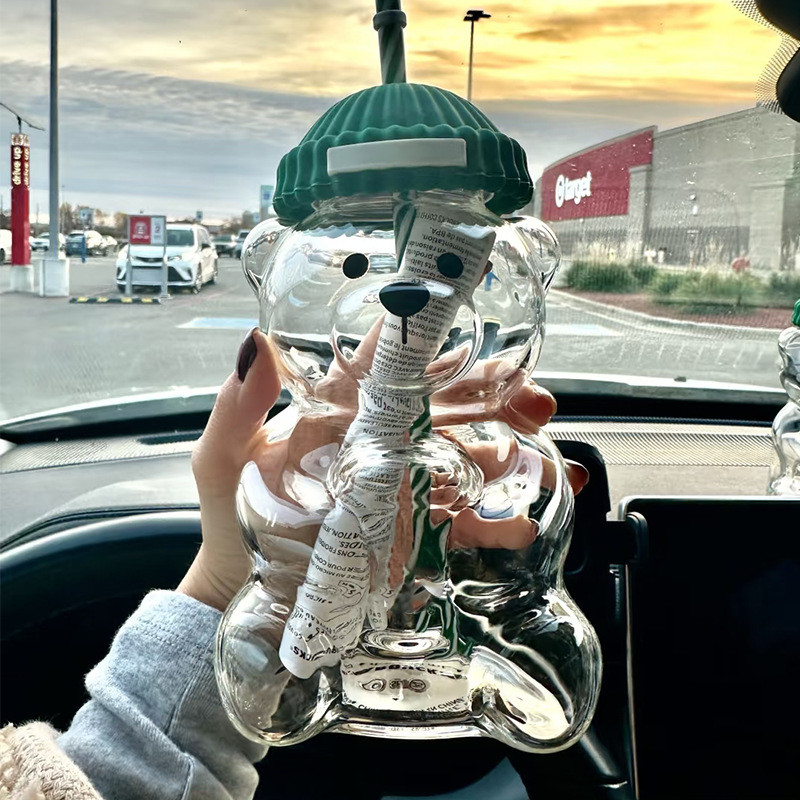 500ml Glass Bear Cup-Star Bear Straw Cup Creative Honey Bear with Straw Clear Milk Coffee Glass Cup