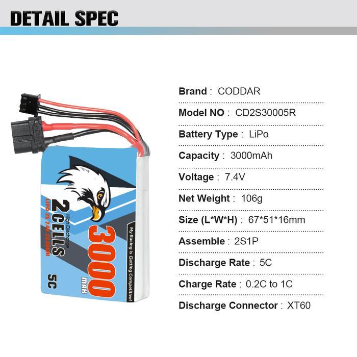 TERBARU CODDAR 2S 3000MAH 7.4V 5C LiPo Battery for Radiomaster TX12 Transmitter XT60 TERBARU