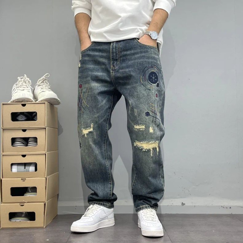 Washed Distressed Patched Embroidered Jeans Men's Small Straight Leg Pants High Street Ruff and