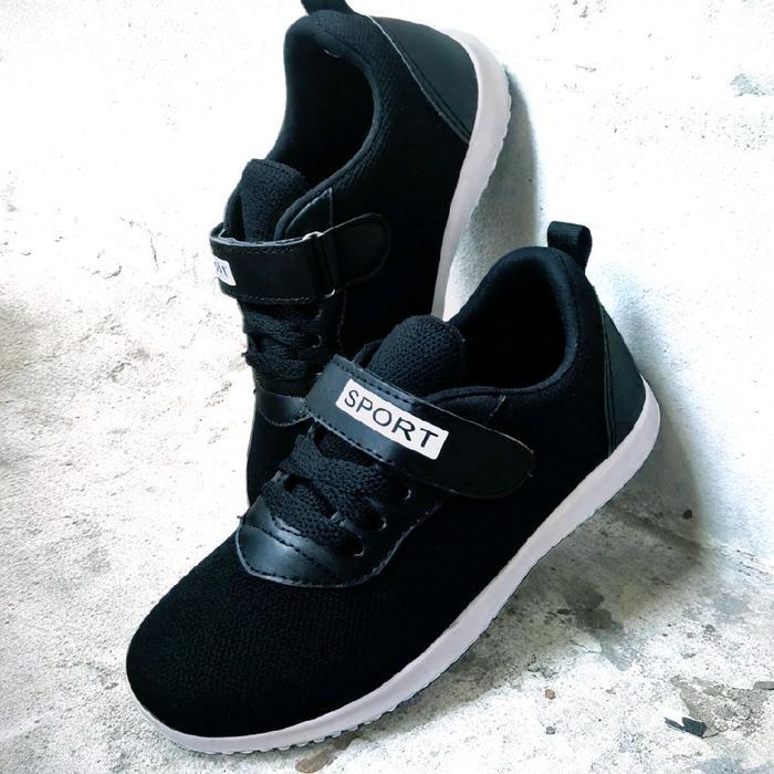 Sepatu Anak Sekolah Sport Usia Paud Sd Smp Varyasi Tali Velkro Hitam Polos Sepatu Anak Sport Sepatu