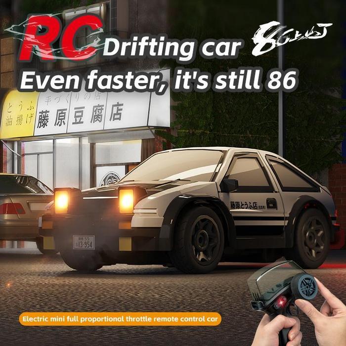POKO Mobil RC Drift Mini 1/64, 4WD Kecepatan Tinggi - Remote Control AE86 dengan Lampu LED & Stiker